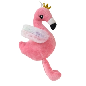Pink plush flamingo keychain with gold crown and colorful wings for bags and gifts