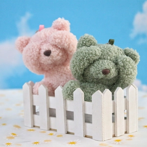 Cute shy teddy bear plush pendants in pink and green boucle fabric for bags
