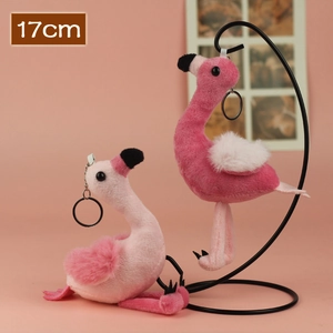 Pink flamingo plush keychain 17cm tall with white faux fur wings and metal ring hook