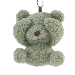 Cute shy plush green teddy bear keychain with soft sherpa fur and silver bead chain