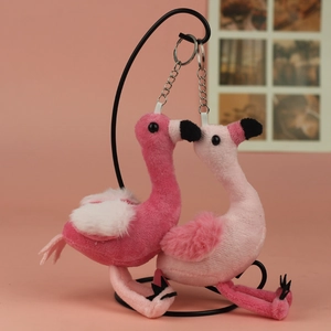 Detail of pink flamingo plush keychains with soft faux fur and metal ring attachments