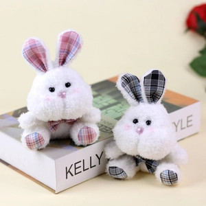 Two cute mini white plush rabbit pendants with stylish plaid ear details for bag decor