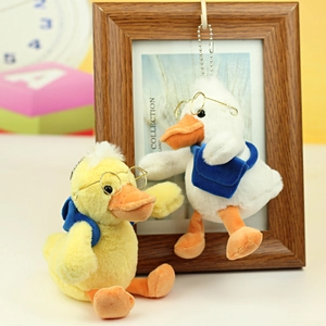Detail of plush duck keychain with metal glasses and backpack on wooden decor