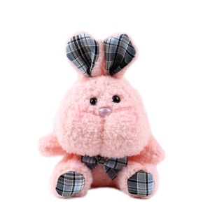 Cute pink plush rabbit keychain doll with blue checkered bow and soft curly fur texture