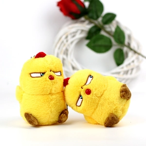 Cute yellow plush chicken keychain with funny expressions and red comb on white background