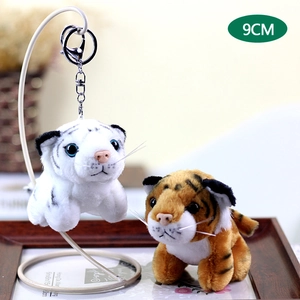 Cute 9cm stuffed tiger plush keychain in white and orange colors with silver metal ring