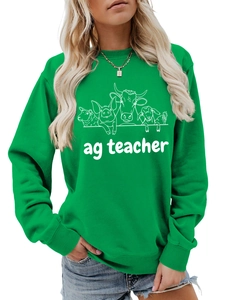 Detail of ribbed cuffs and farm animals print on green ag teacher sweatshirt