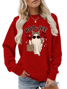 Close-up of red crewneck sweatshirt featuring a stylish leopard print ghost with BOO-JEE text