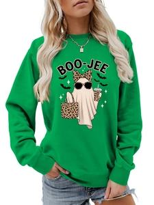 Detail of green long sleeve sweatshirt with leopard ghost and boo-jee graphic print