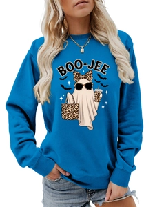 Detail of blue crewneck sweatshirt with leopard print Halloween ghost and BOO-JEE text