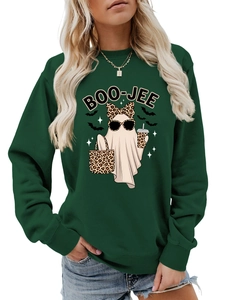 Detail of Boo-jee ghost with leopard bow and bat print on green sweatshirt