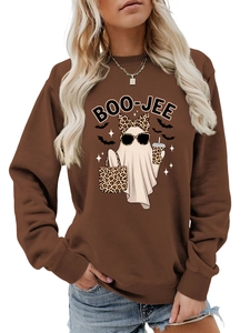 Detailed view of the Halloween ghost graphic and Boo-Jee leopard print on the brown sweater
