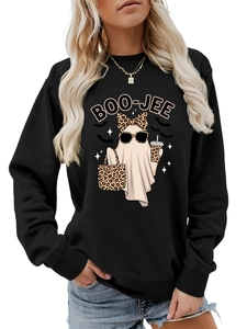 Close-up of Halloween ghost print with leopard bow and BOO-JEE text on black sweatshirt