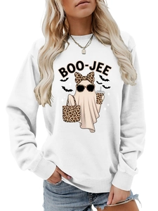 Detail of Boo-Jee ghost print with leopard bow and bats on white crewneck sweatshirt