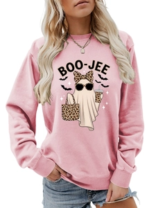 Close-up of pink Halloween sweatshirt with BOO-JEE text and leopard ghost print
