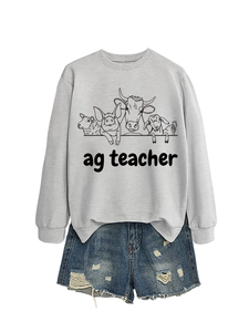 Detail of grey sweatshirt featuring farm animal graphics and Ag Teacher text design