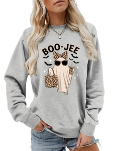 Detailed view of grey Halloween sweatshirt featuring a Boo-jee leopard print ghost and bats