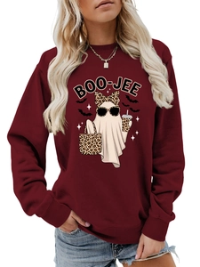 Detail of burgundy sweatshirt showing ghost graphic with leopard bow and Boo-jee text