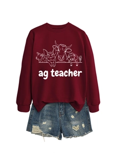 Burgundy sweatshirt with ag teacher farm animals print and denim shorts combo