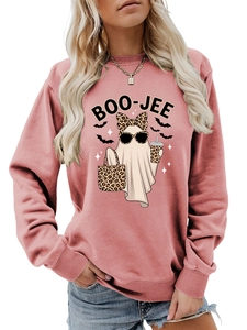 Detail of pink sweatshirt featuring BOO-JEE leopard print ghost with stylish sunglasses
