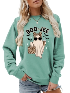 Detail of mint green sweatshirt with Boo-jee leopard print ghost and bat graphics