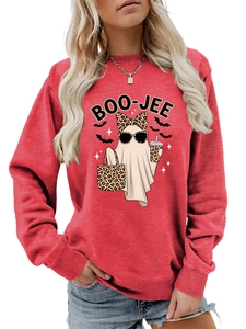 Detail of red crewneck sweatshirt with Boo-jee leopard ghost and bat prints
