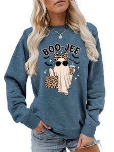 Detail of blue Halloween sweatshirt showing BOO-JEE text and leopard print ghost pattern