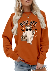 Detail of Boo-Jee ghost print with leopard bow and bats on orange sweatshirt