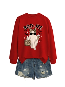 Close-up of red crewneck sweatshirt with Boo-jee ghost print and frayed denim shorts