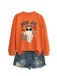 Detail of Boo-Jee ghost print with leopard patterns on vibrant orange sweatshirt