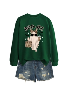 Detail of dark green crewneck sweatshirt featuring a stylish leopard print ghost graphic