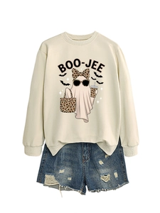 Detail of BOO-JEE leopard print ghost graphic on cream long sleeve sweatshirt
