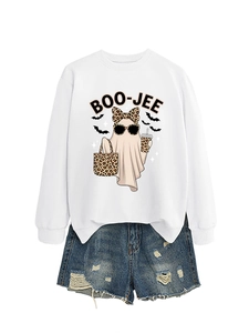 Detail of white sweatshirt featuring Boo-Jee ghost graphic with leopard print bow and bats