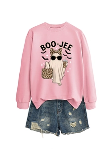 Detail of pink sweatshirt featuring a Boo-Jee ghost with leopard print and bat accents