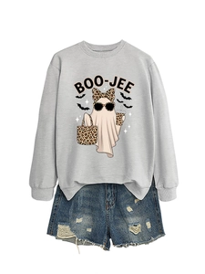 Flat lay of Boo-Jee ghost sweatshirt with leopard bow and distressed denim shorts set