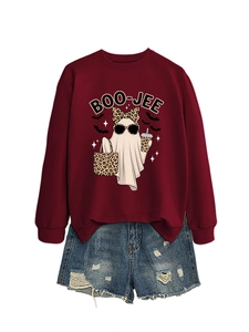 Detail of BOO-JEE ghost print with leopard bow and bat accents on dark red sweatshirt