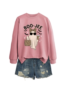 Detail of pink sweatshirt featuring a cute leopard bow ghost with Boo-Jee text print