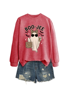 Detail of red Boo-Jee ghost sweatshirt with leopard print and blue denim shorts