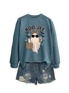 Flat lay of navy crewneck sweatshirt with Boo-jee ghost print and denim shorts
