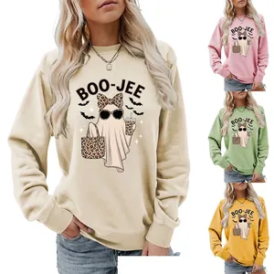 Women Halloween Ghost Sweatshirt And Shorts Leopard Print Boo-Jee Long Sleeve Crew Neck Casual Pullover Top