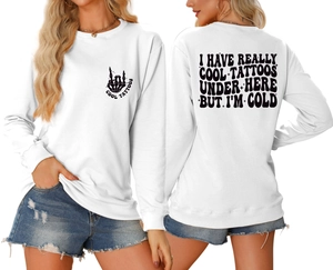 Detailed front and back view of white sweatshirt with Cool Tattoos graphic and text print