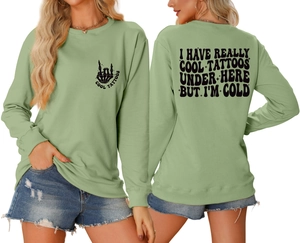 Detailed front and back view of light green sweatshirt with Cool Tattoos graphic print