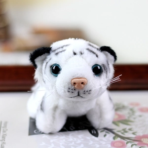 Macro detail of a white tiger plush showing blue eyes and realistic fur texture