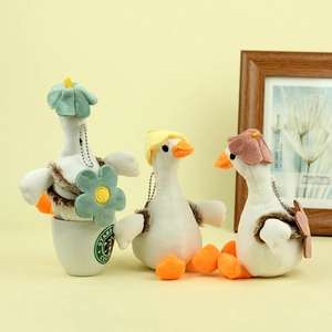 Three cute plush duck keychains in green, yellow and pink floral hats on yellow background