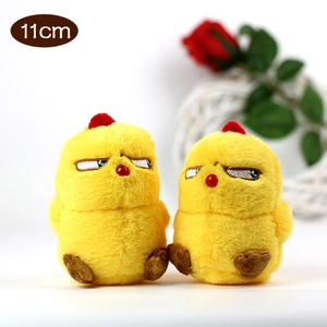 Set of two soft yellow 11cm plush chicken keychains with funny embroidered expressions