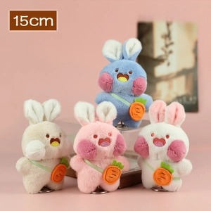 Simpatici portachiavi a forma di coniglio da 15cm in blu, beige, rosa e bianco con carota