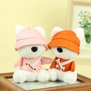 Cute white plush bear keychain set with colorful hats and FREEDOM cross-body bags