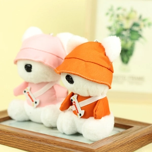 Detailed view of plush bear keychains in pink and orange outfits with mini crossbody bags