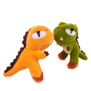 Cute plush dinosaur keychain set in green and orange with golden metal bead chain