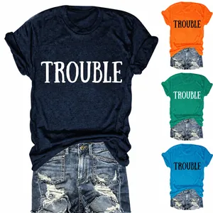 Maglietta Da Donna Con Stampa Lettere Trouble Girocollo Manica Corta Casual Vestibilità Ampia Misto Cotone Estate